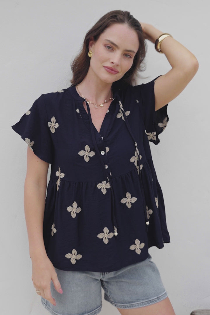 Siempre Top - Mandarin Collar Peplum Hem Top in Gigi Print Navy