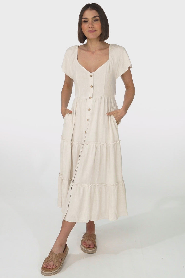 Karina Midi Dress - Button Down Cap Sleeve Tiered Dress in Cream