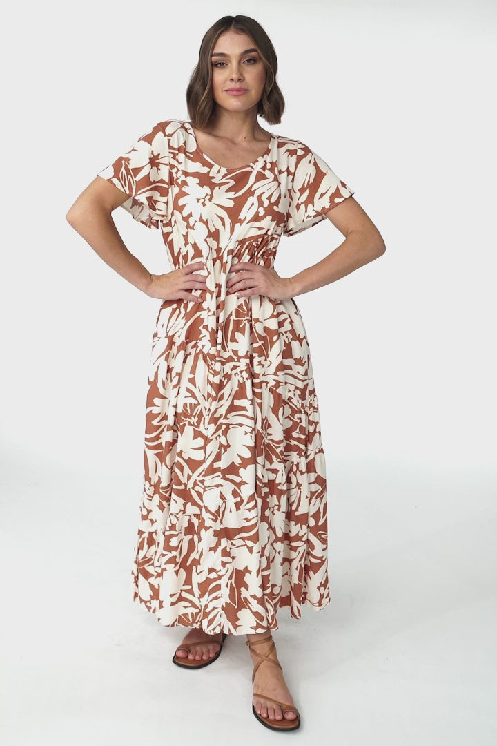Allegra Midi Dress - Relaxed Asymmetric Tiered Smock Dress in Charis Print Rust