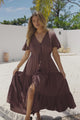 Anya Maxi Dress - Flutter Cap Sleeve Pull Tie Waist Dress in Chocolate