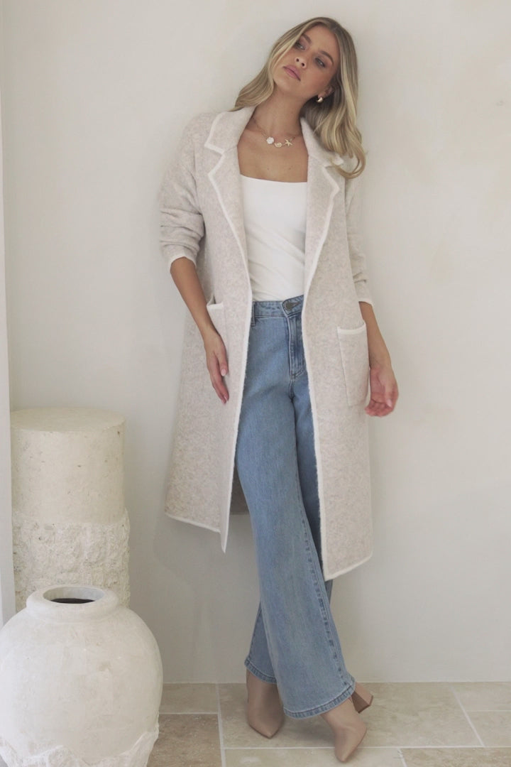 Boston Cardigan - Collared Contrast Hem Cardigan with Pockets in Beige