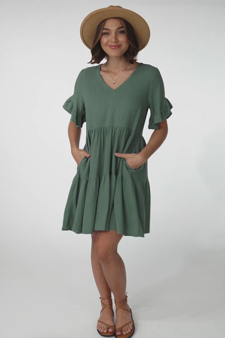 Audrina Mini Dress - Pull Over V Neck Tiered Dress with Pockets in Sage