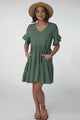 Audrina Mini Dress - Pull Over V Neck Tiered Dress with Pockets in Sage