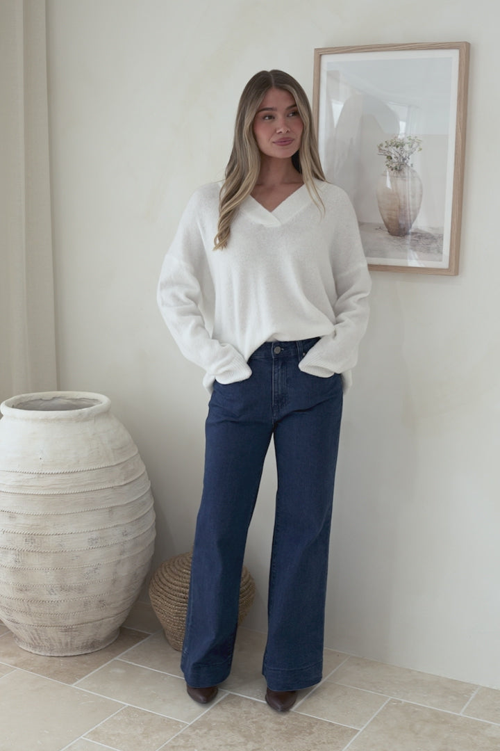 Donoven Jumper - V Neck Lightweight Knit with Ribbed Hemlines in Off White