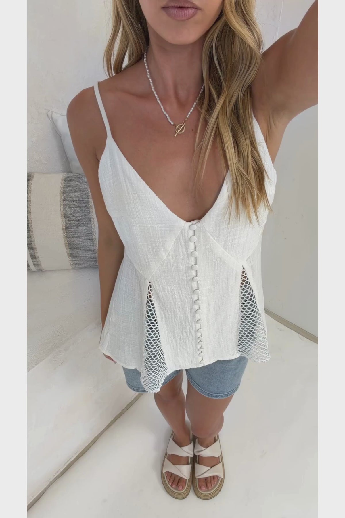 Andros Cami - V Neck Button Down Top with Crochet Net Insert Pants in White