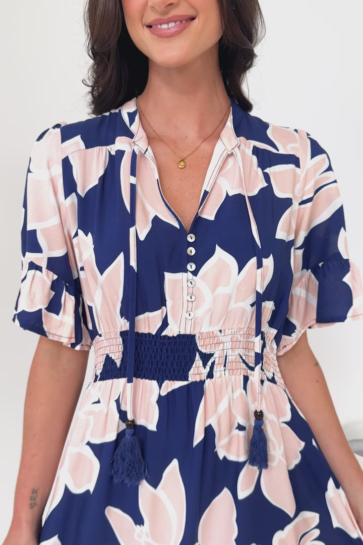 Jemina Maxi Dress - V-Neck Elasticated Waist A-Line Dress in Jetson Print Navy