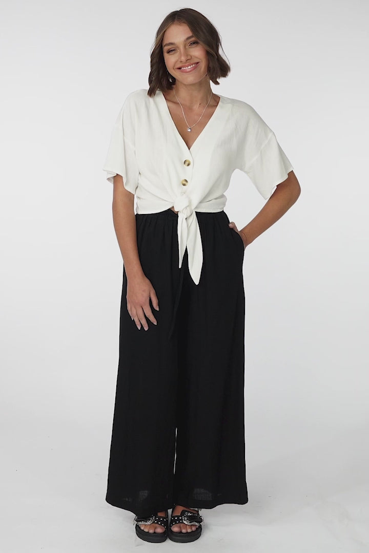 Lanara Top - Button Front Tie Up Top in White