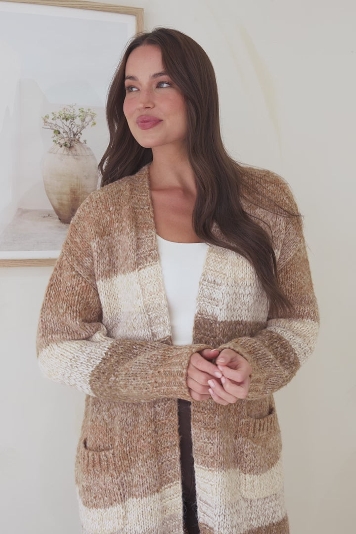 Ollie Cardigan - Open Front Stripe Knit with Pockets in Camel