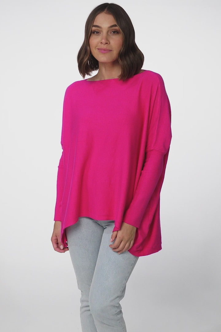 Belinda Knit Top - Boat Neckline Boxy Batwing Top in Hot Pink