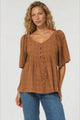 Casita Top - Scoop Neck Textured Babydoll Top with Flutter Sleeves in Tan