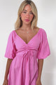 Justina Mini Dress - V-Neck Gathered Bodise On or Off Shoulder Mini Dress in Pink