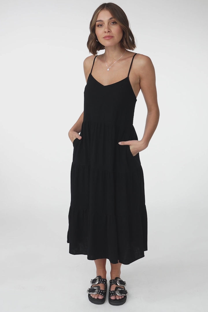 Arlowe Midi Dress - Soft V Neckline Tiered Linen Sun Dress in Black