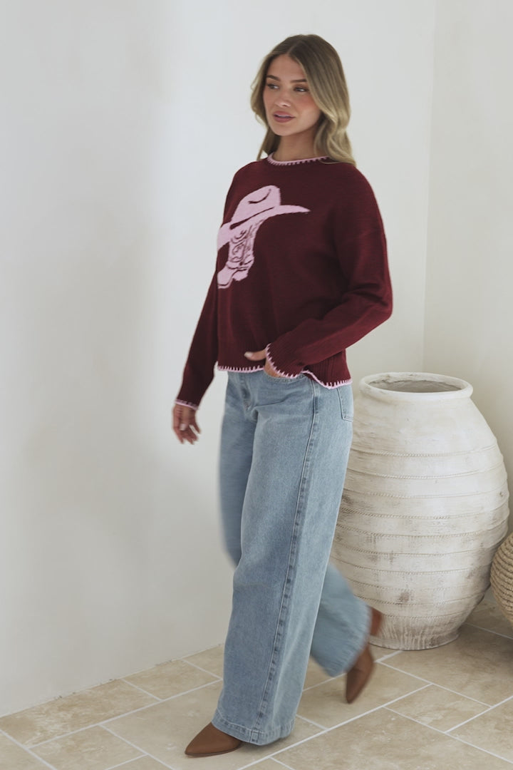 Loretta Jumper - Crew Neck Cowgirl Motif Knit in Wine
