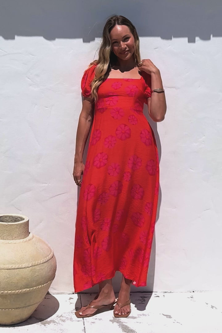 Nani Midi Dress - Milkmaid Neckline Dress with Short Sleeves in Sallio Print