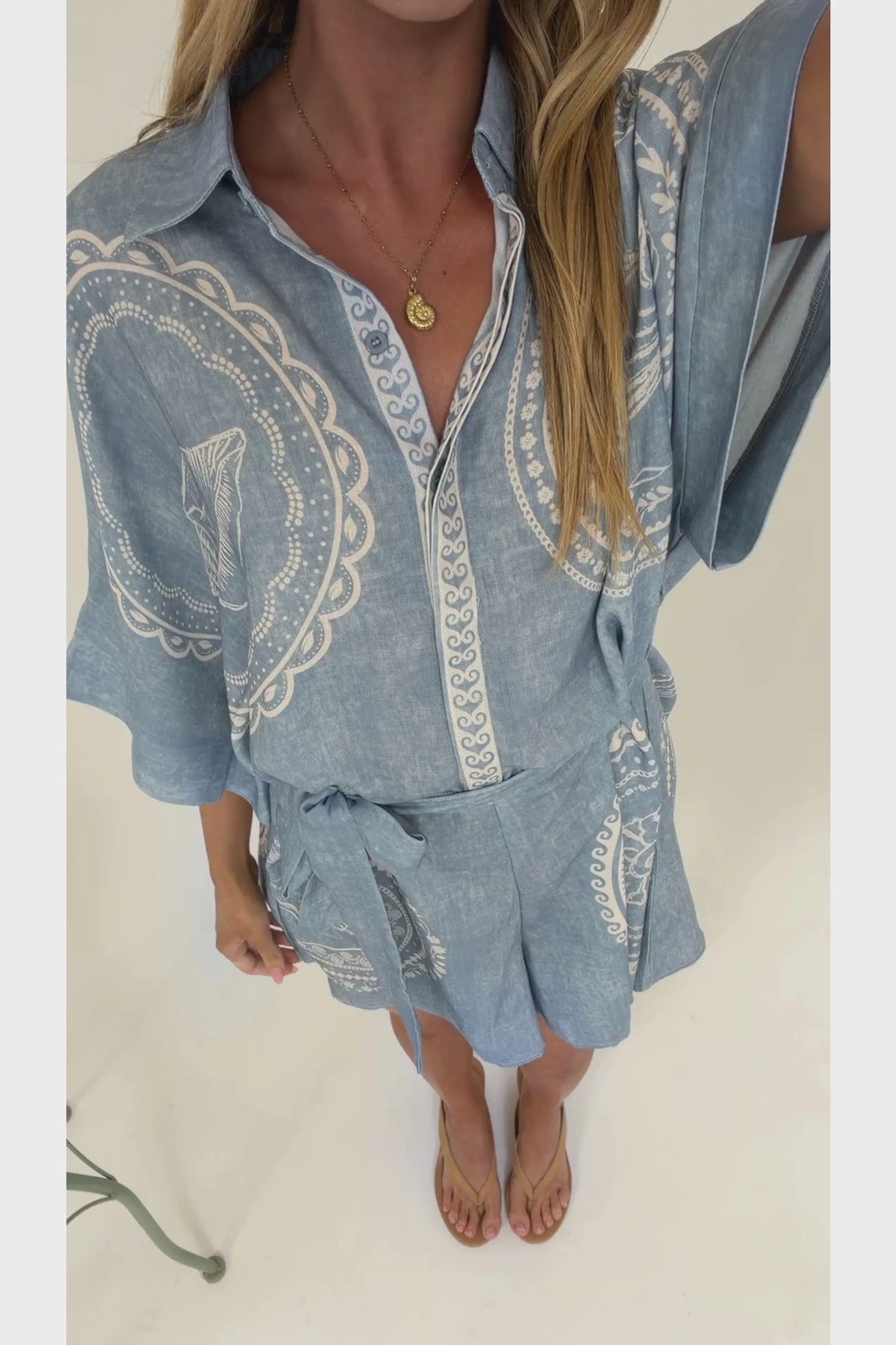 Robina Playsuit - Collared Button Down Front with Detatchable Waist Tie in Moana Print