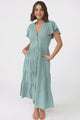 Amy Midi Dress - Flutter Cap Sleeve Buttoned Down V Neck Dress in Sage