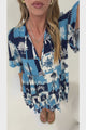 Abilia Mini Dress - Mandarin Collar Smock Dress in Serena Print Blue