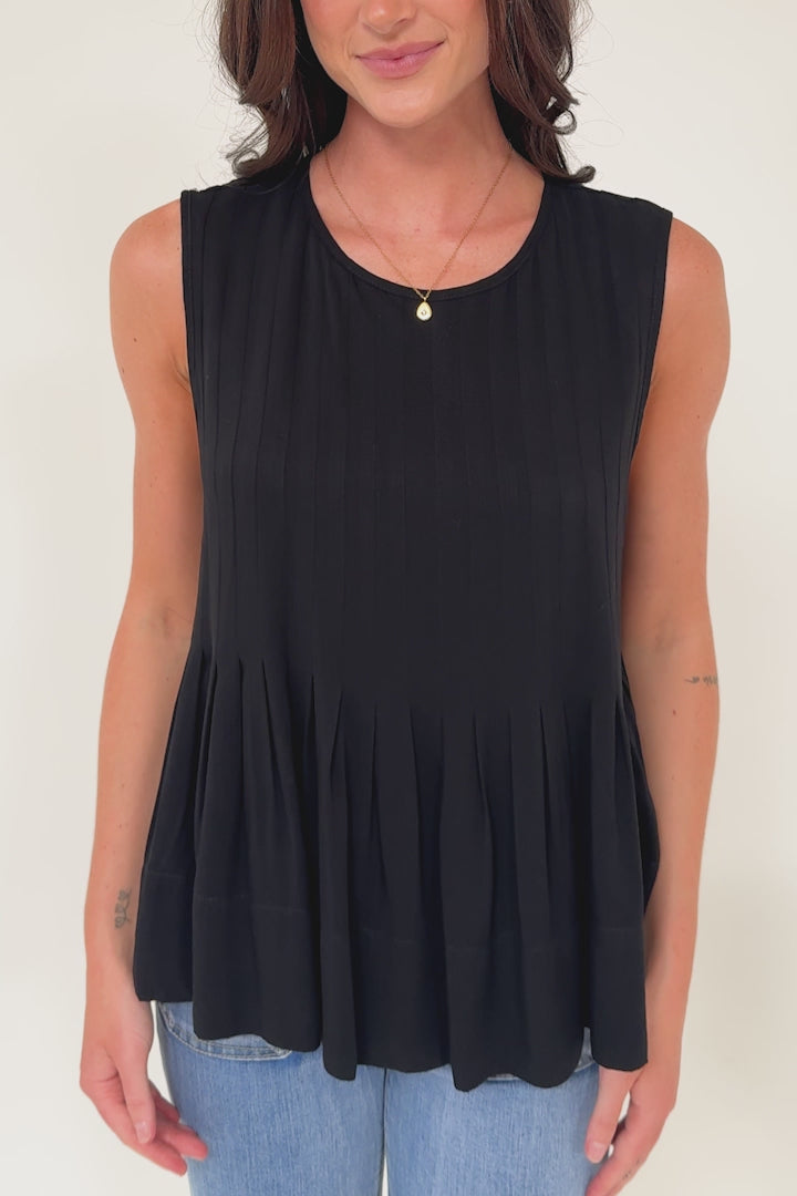 Cassidy Top - Crew Neck Sleeveless Swing Top with Pleats in Black