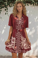 Mikan Mini Dress - Wing Collared Button Down Shirt Dress with Matching Belt in Orabella Print Wine