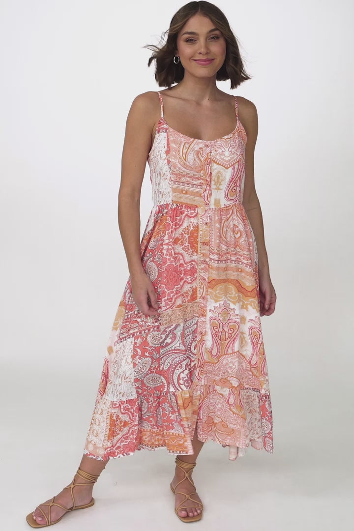 Akeli Midi Dress - Spaghetti Strap Sun Dress with Handkercheif Hem in Lemzie Print Coral