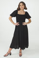 Sitara Midi Dress - On or Off Shoulder Elasticated Bodice Dress with Short Balloon Sleeves in Black