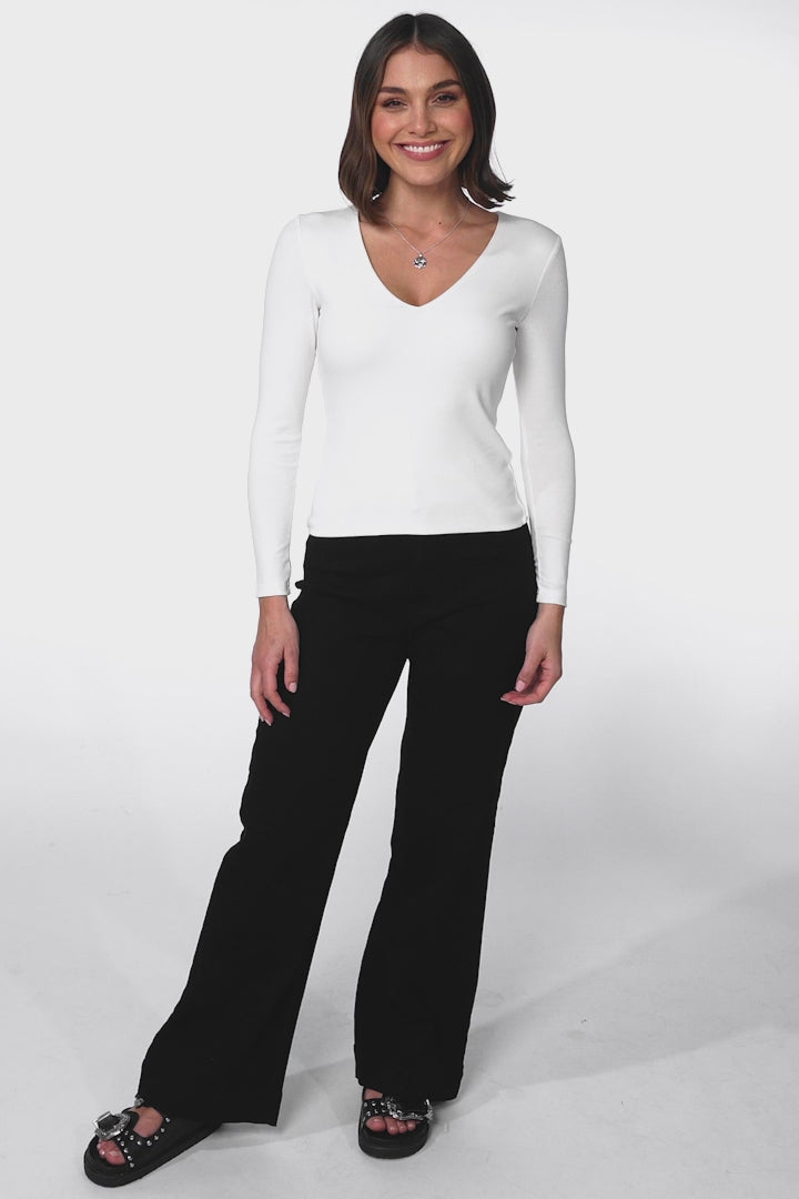 Martha Top - V Neck Basic Top with Long Sleeves in White