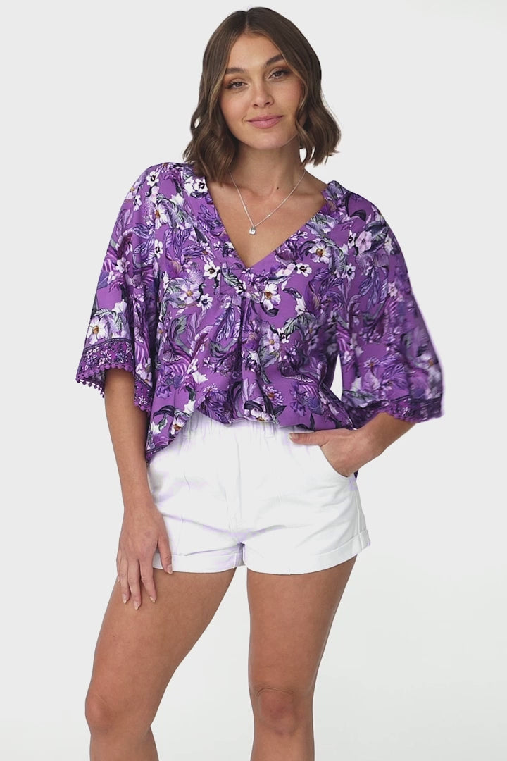 JAASE - Gabriella Top: Mandarin Collar Deep V Neck Crochet Trim Top in Rhodium Print