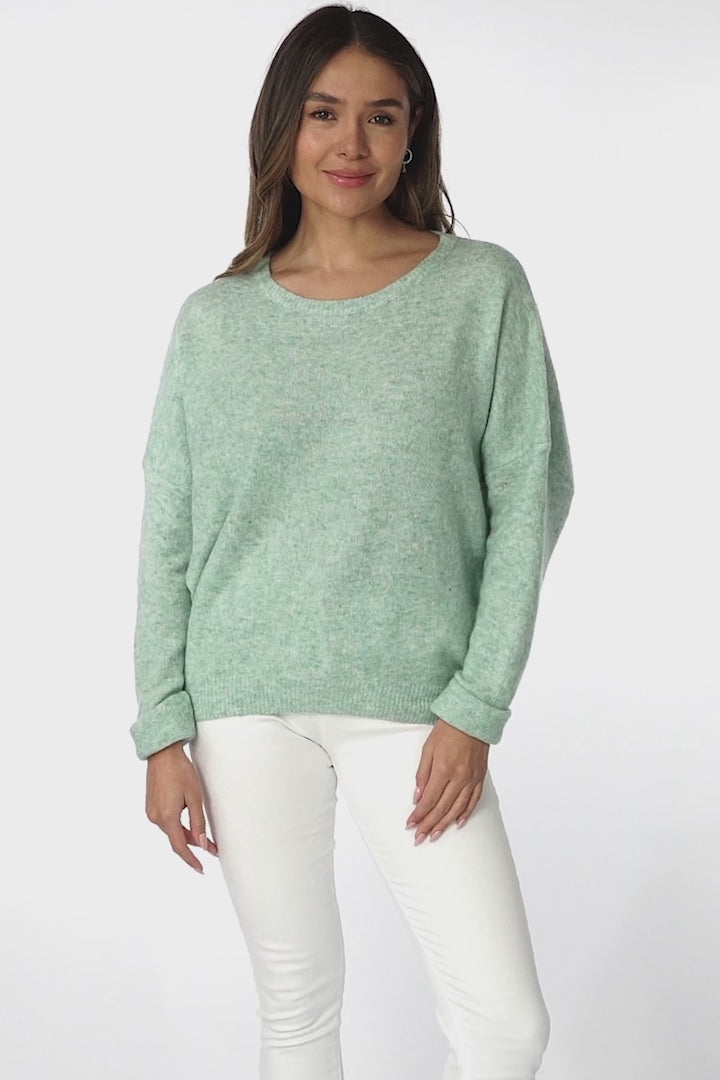 Joanne Knit Top - Crew Neckline Bat Wing Long Sleeve Top in Mint