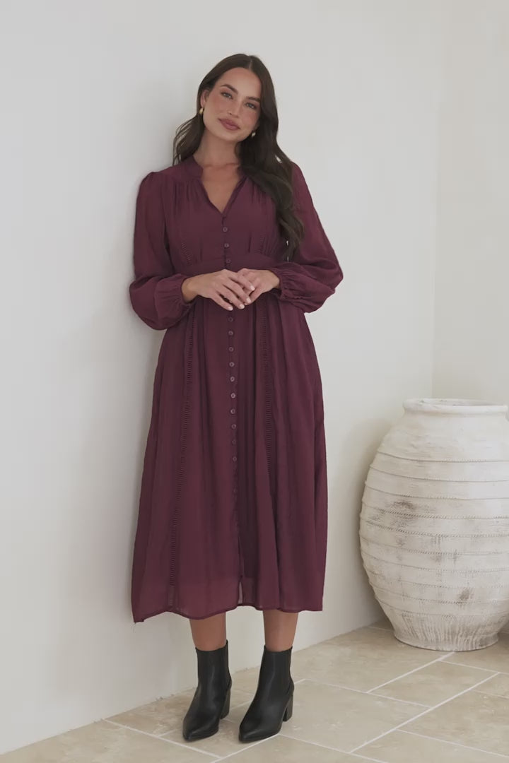 Aylon Midi Dress - Delicately Detailed Mandarin Collar Dress with Long Sleeves in Merlot