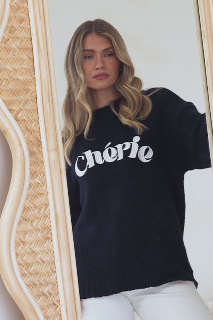 Ma Cherie Jumper - Embroidered Thick Knit with Crew Neck and Long Sleeves in Navy