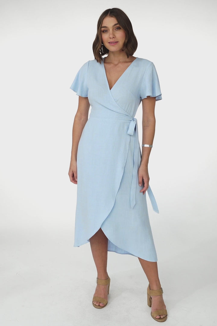 Evelyn Wrap Midi Dress - Linen Blend Wrap High Low Cap Sleeve Dress in Blue