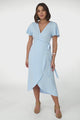 Evelyn Wrap Midi Dress - Linen Blend Wrap High Low Cap Sleeve Dress in Blue
