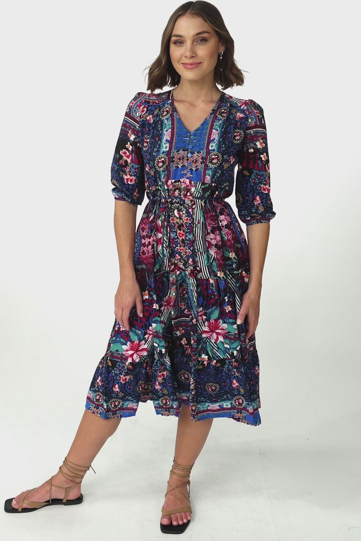 JAASE - Eve Midi Dress: V Neck Tiered Dress with Option Waist Tie in Rocco Print