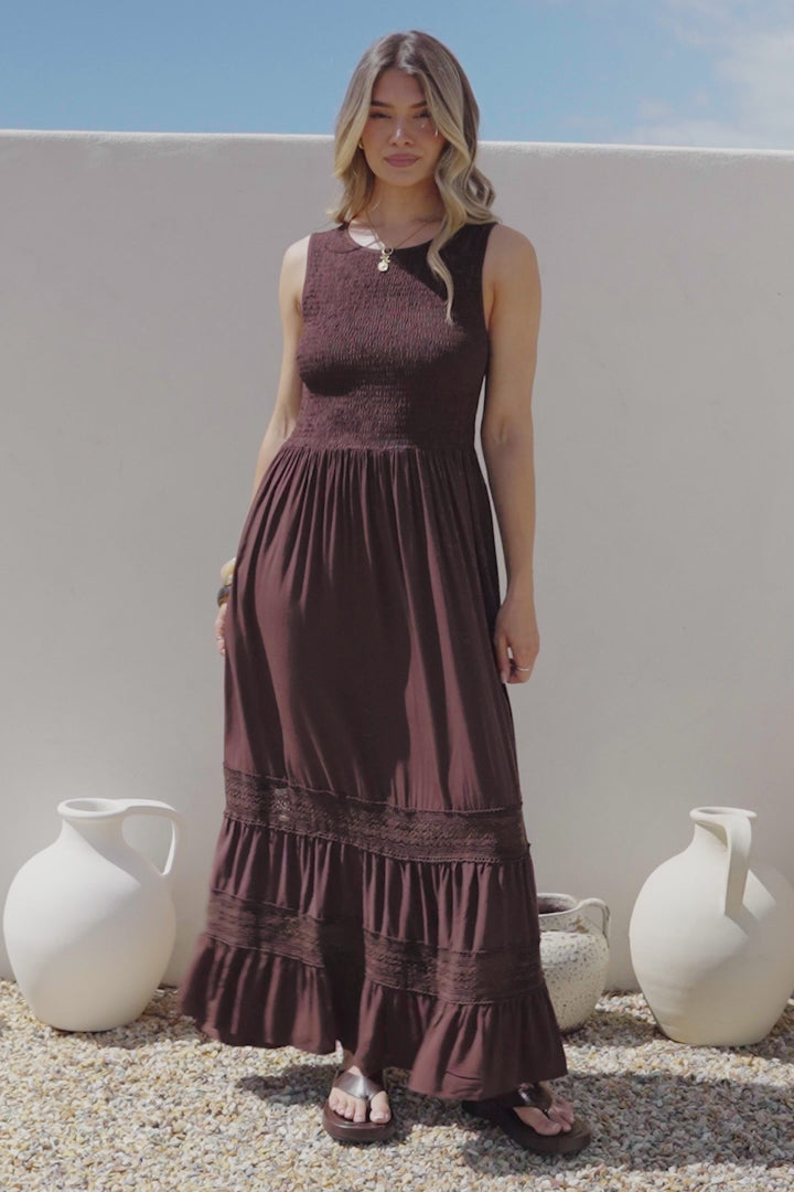 Irene Maxi Dress - Sleeveless Shirred Bodice Dress with Lace Inserts in Chocolate