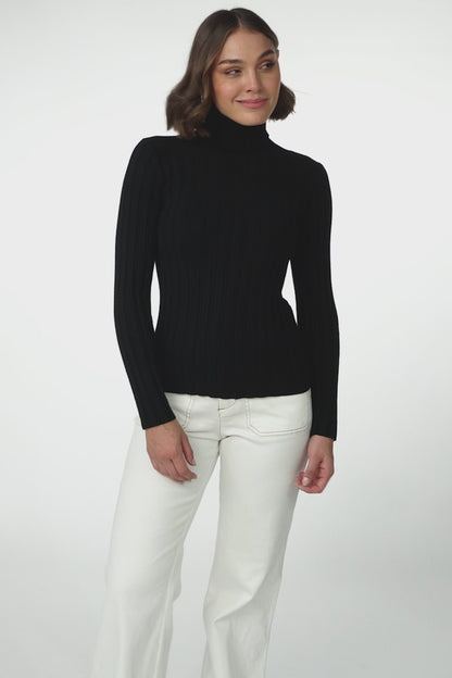 Carson Knit Top - Turtle Neck Knit Top with Scallop Hemlines in Black