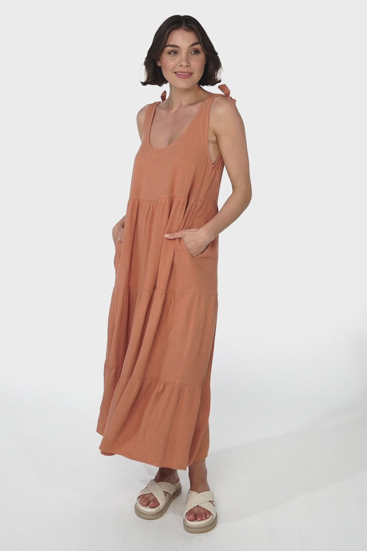 Verona Midi Dress - Tie at Shoulder Straps Sun Dress in Rust