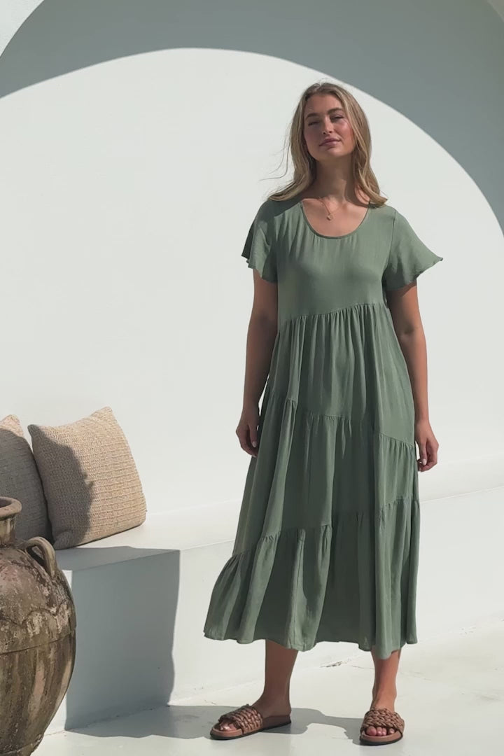 Allegra Midi Dress - Relaxed Asymmetric Tiered Linen Smock Dress in Khaki