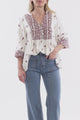 Carys Blouse - V-Neck Buttoned Bodice Pull Over Top in Wright Print Wine