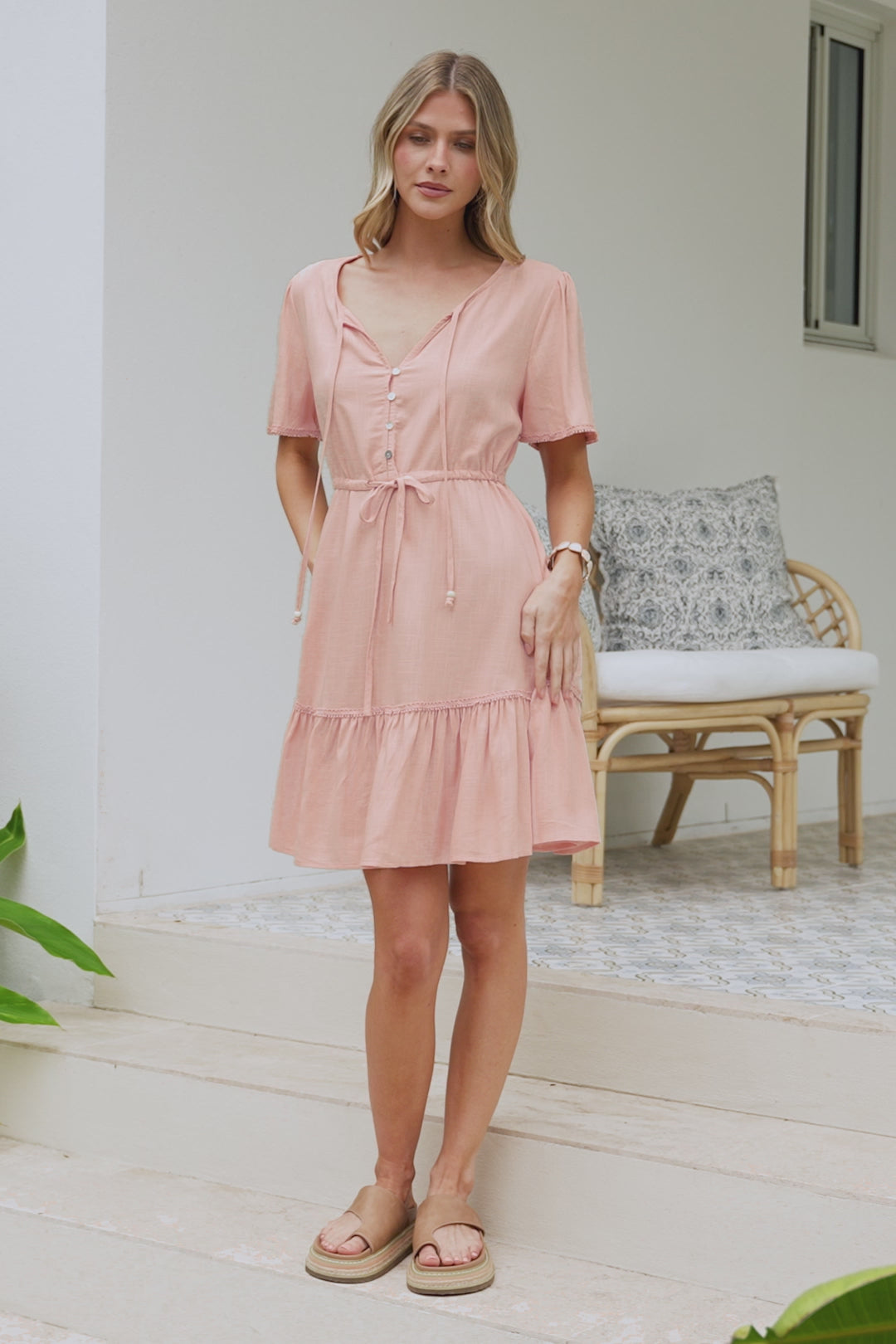 Brownie Mini Dress - Lace Trim Drawstring Waist Dress with Short Sleeves in Blush