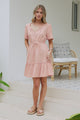 Brownie Mini Dress - Lace Trim Drawstring Waist Dress with Short Sleeves in Blush