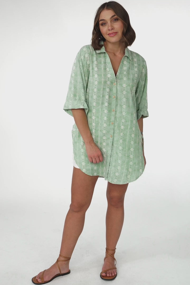 Beachly Embroided Shirt - Folded Collar Button Down Relaxed Shirt In Light Green