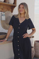 Stellar Midi Dress - Flutter Sleeve A-Line Dress with Pin Tuck Waist Detail in Navy
