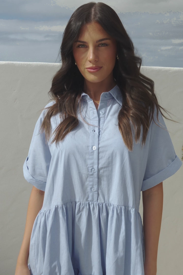 Estelle Mini Dress - Collared Tiered Smock Dress in Light Blue