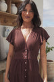 Amy Midi Dress - Flutter Cap Sleeve Buttoned Down V Neck Dress in Chocolate