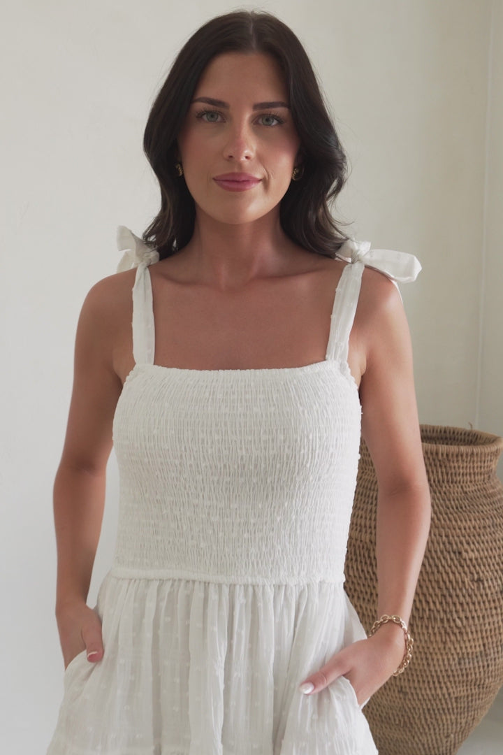 Zoella Midi Dress - Tie Strap Textured Tiered Dress in White