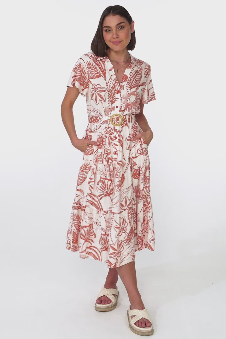 Luvira Midi Dress - Button Down Collared Dress With Statement Belt In Havanna Print Cream