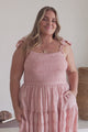 Zoella Midi Dress - Tie Strap Textured Tiered Dress in Blush