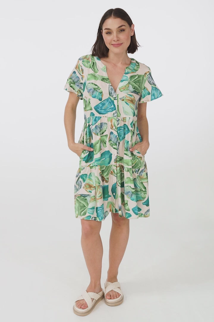 Wilma Mini Dress - Bermuda Collar Button Down Cape Sleeve Dress in Adelita Print Green