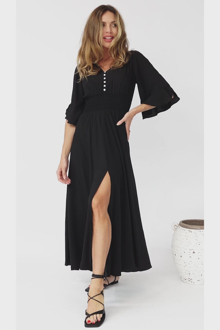 Alba Maxi Dress - Buttoned Bodice A Line Dress With Flute Sleeves In Black