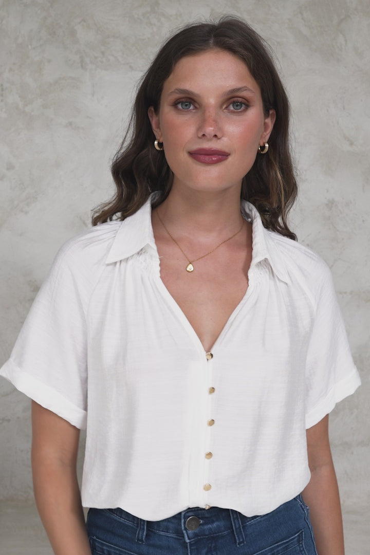 Madge Blouse - Collared Button Down with Short Sleeves in White